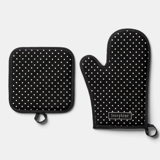 White On Black Polka Dots Pattern With Custom Name Oven Mitt & Pot Holder Set (Front)
