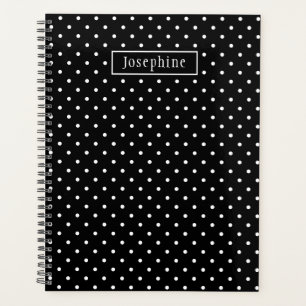 White On Black Polka Dots Pattern With Custom Name Planner