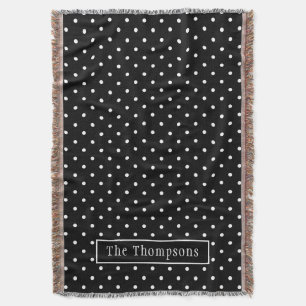 White On Black Polka Dots Pattern With Custom Name Throw Blanket
