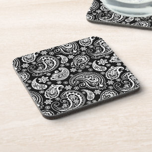 White On Black Retro Paisley Pattern Coaster