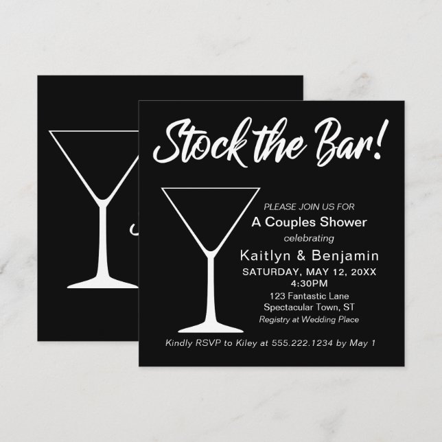 White on Black Stock the Bar Script Couples Shower Invitation (Front/Back)