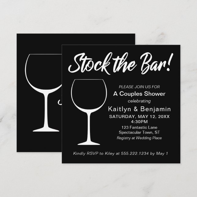 White on Black Stock the Bar Script Couples Shower Invitation (Front/Back)