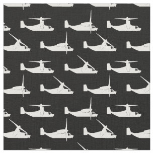 White on Black V-22 Osprey Side View Pattern Fabric