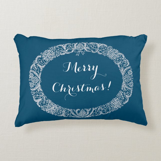 White on Blue Christmas Wreath to Customize Decorative Pillow (Front)