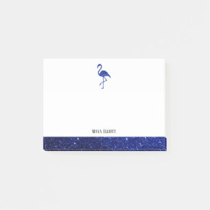White on Blue Faux Glitter Flamingo & Border, Name Post-it Notes