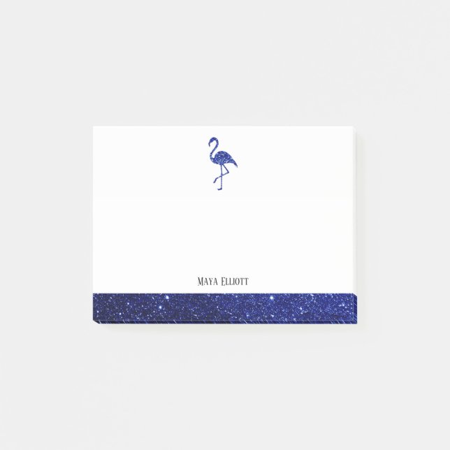 White on Blue Faux Glitter Flamingo & Border, Name Post-it Notes (Front)