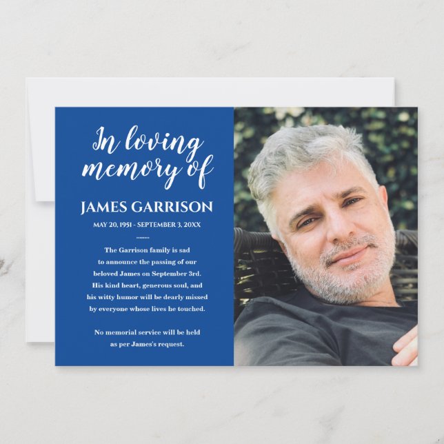 White On Blue In Loving Memory Photo Announcement (Front)