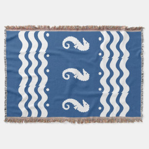 WHITE on  BLUE  SEA HORSE   coastal living Throw Blanket