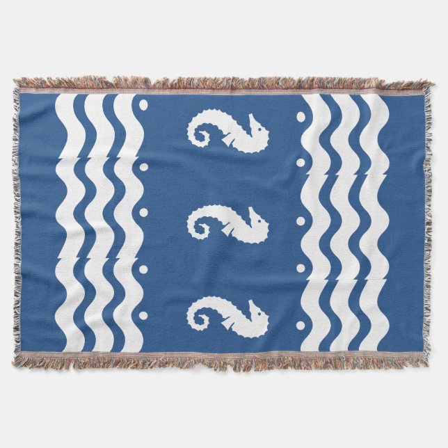 WHITE on  BLUE  SEA HORSE   coastal living Throw Blanket (Front)