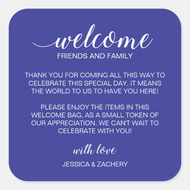 White on Blue Wedding Welcome Gift Bag Basket Square Sticker (Front)