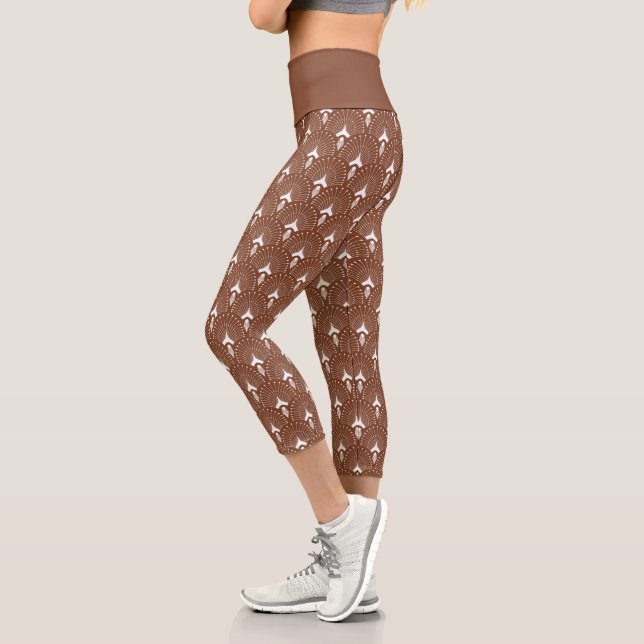 White on brown art-deco pattern capri leggings (Left)