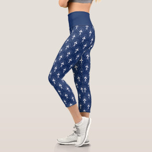 White on dark blue art-deco pattern capri leggings