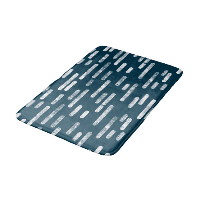 White on Dark Blue Green Rounded Lines Pattern Bath Mat (Angled)