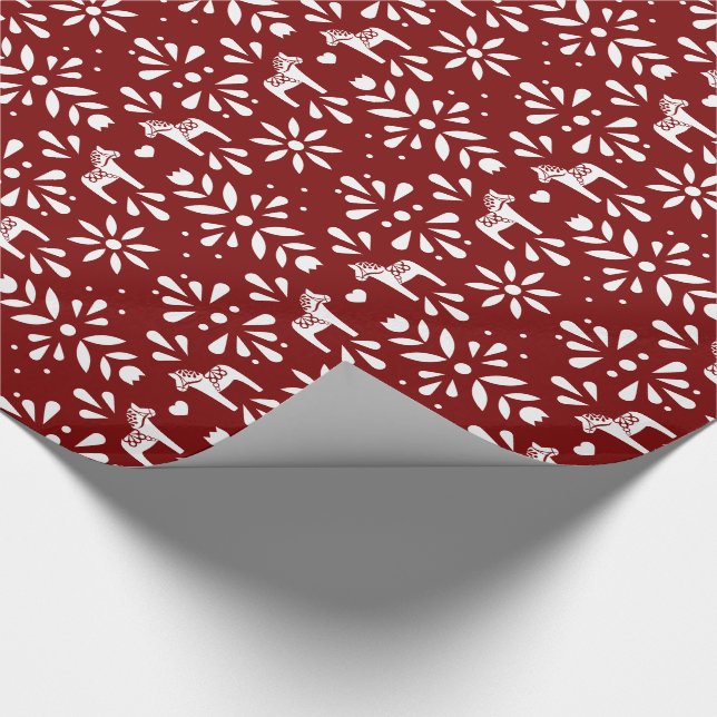 White on Dark Red Swedish Dala Horse Christmas Wrapping Paper (Corner)