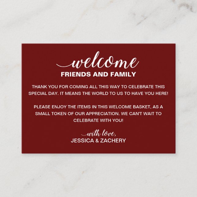 White On Dark Red Wedding Welcome Gift Bag Basket Place Card (Front)