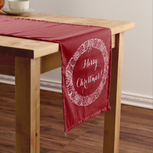 White on Deep Red Christmas Wreath to Customize Short Table Runner