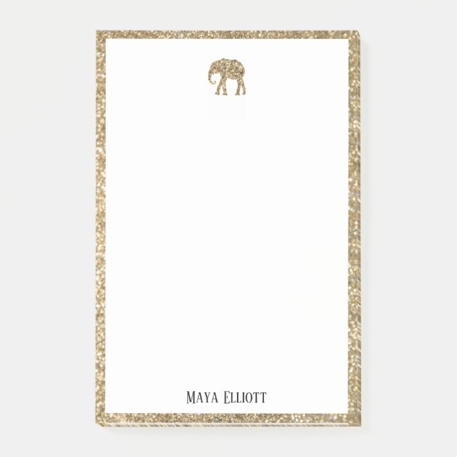 White on Gold Faux Glitter Elephant & Border, Name Post-it Notes (Front)