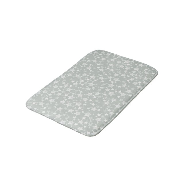White on Grey-Green | Lino Print Stars Pattern Bath Mat (Angled)