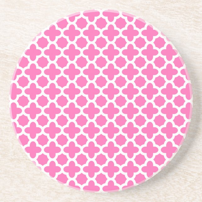White on Hot Pink Quatrefoil Pattern Coaster (Front)