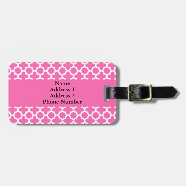 White on Hot Pink Quatrefoil Pattern Luggage Tag (Front Horizontal)
