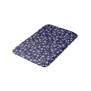 White on Midnight Blue   Lino Print Stars Pattern Bath Mat