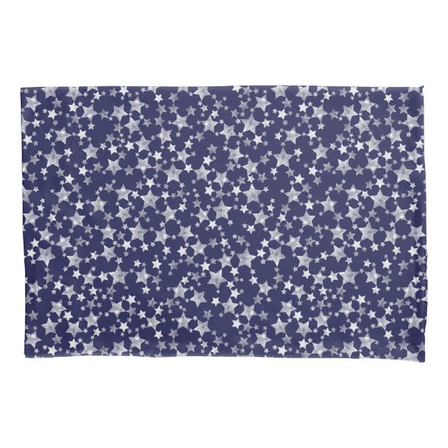 White on Midnight Blue | Lino Print Stars Pattern Pillowcase (Front-Left)