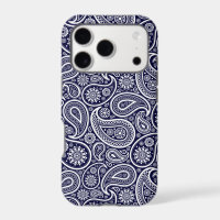 White On Navy Blue Retro Paisley Pattern