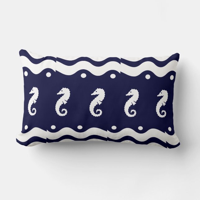 white on navy  SEA HORSE   coastal living Lumbar Pillow (Front)