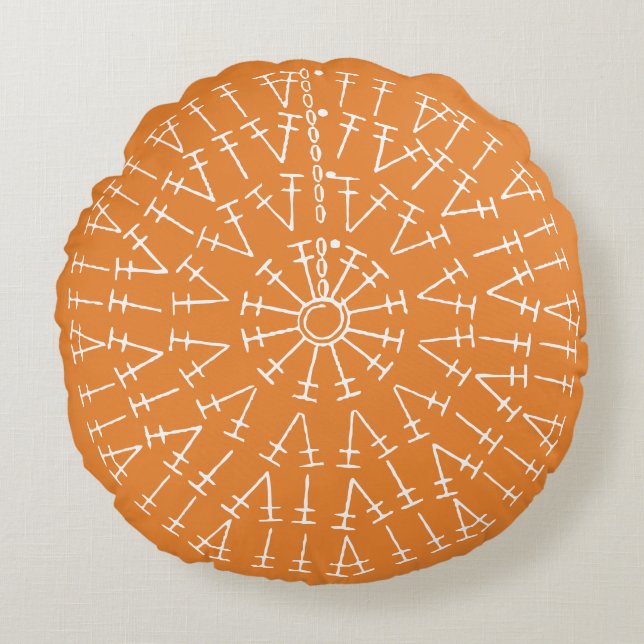 White on Orange Crochet Chart Round Pillow (Front)