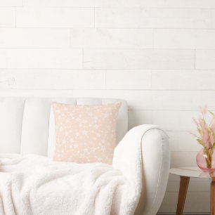 White on Peach/Apricot   Lino Print Stars Pattern Throw Pillow