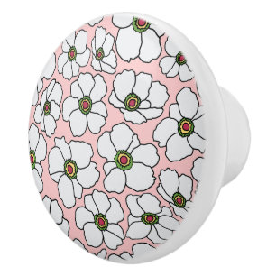 White On Pink Boho Wildflowers Ceramic Knob