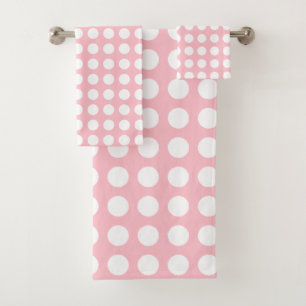 White on Pink Large Size Horizontal Polka Dots Bath Towel Set