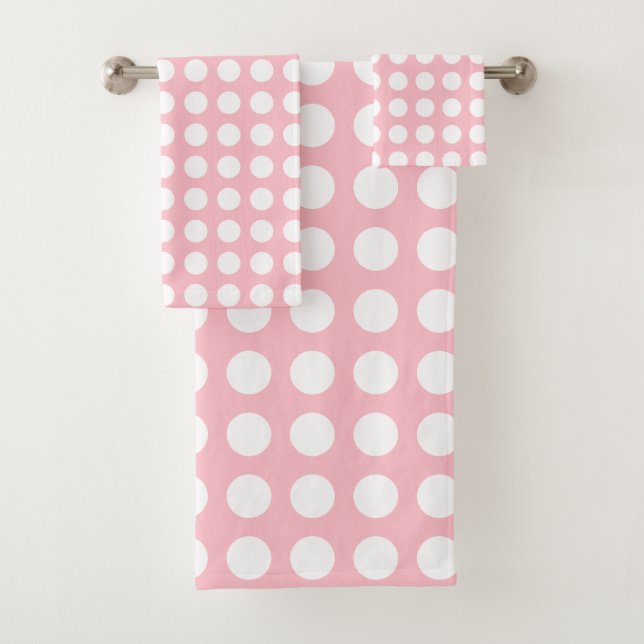 White on Pink Large Size Horizontal Polka Dots Bath Towel Set (Insitu)
