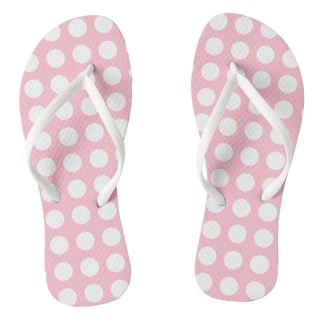 White on Pink Large Size Horizontal Polka Dots Flip Flops (Footbed)