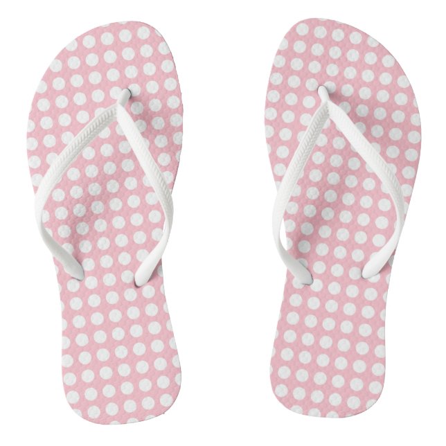 White on Pink Medium Size Horizontal Polka Dots Flip Flops (Footbed)