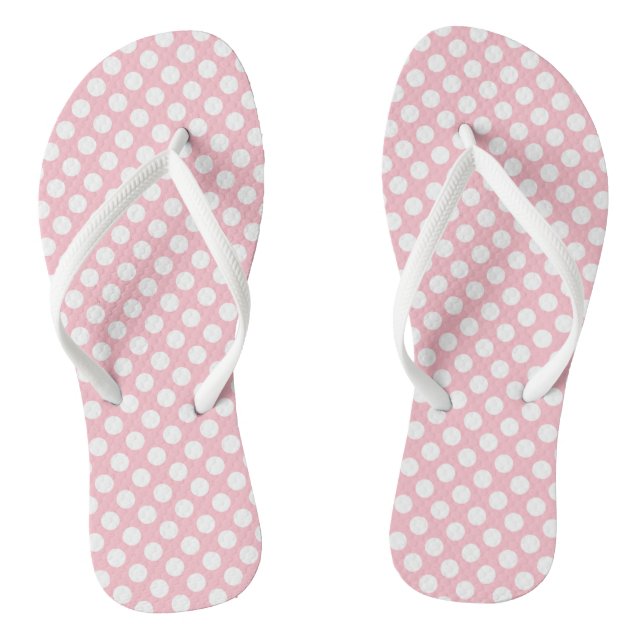 White on Pink Medium Size Polka Dots Flip Flops (Footbed)