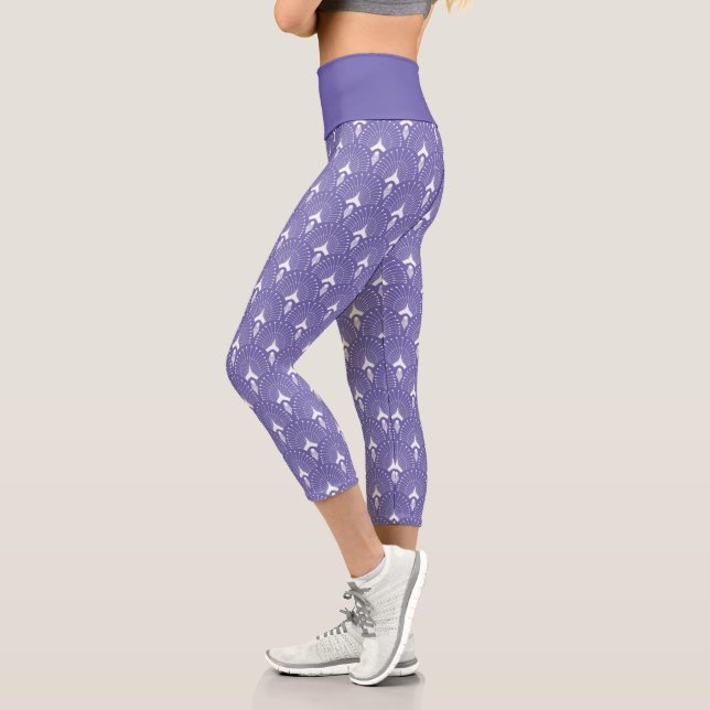 White on purple art-deco pattern capri leggings (Left)