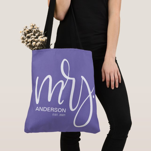White on Purple personalized Mrs. ESTABLISHED  Tote Bag (Close Up)