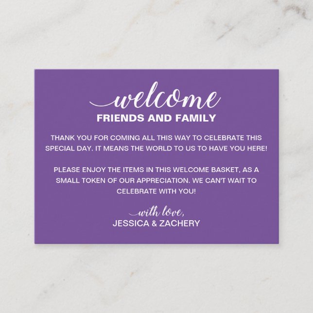 White On Purple Wedding Welcome Gift Bag Basket Place Card (Front)