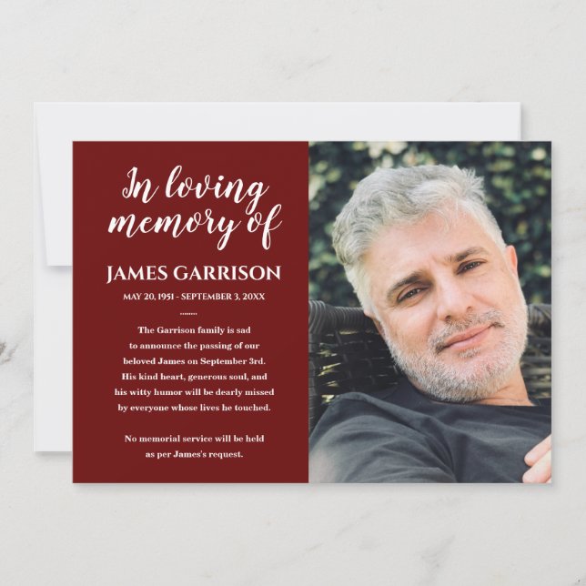 White On Red In Loving Memory Photo Announcement (Front)