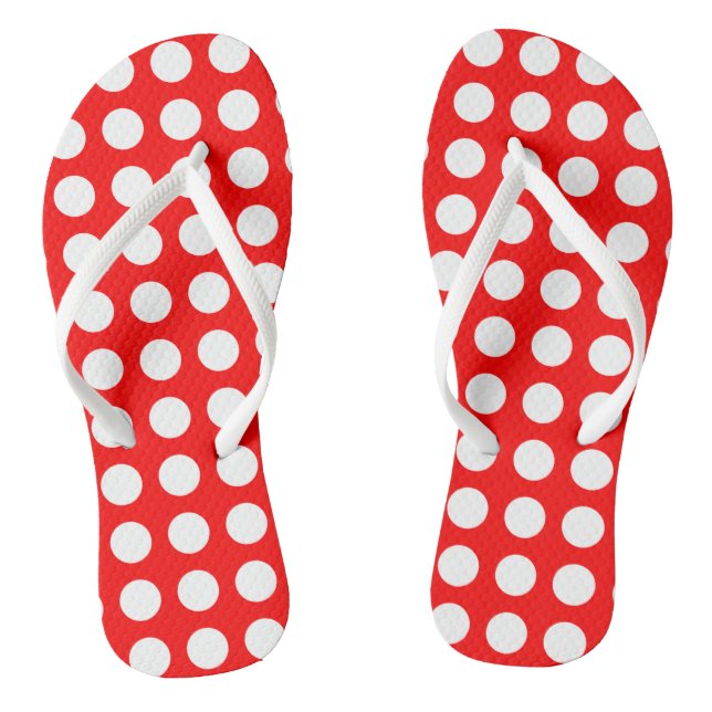 White on Red Large Size Horizontal Polka Dots Flip Flops (Footbed)