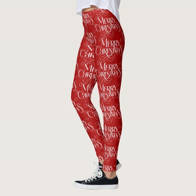 White On Red Merry Christmas Retro Typography Leggings (Left)