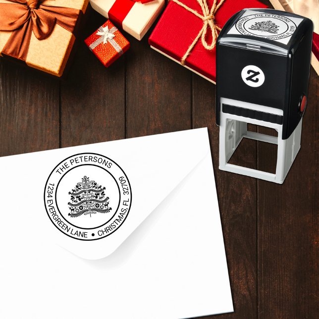 White on Red Scandinavian Christmas Tree Address Self-inking Stamp (Creator Uploaded)