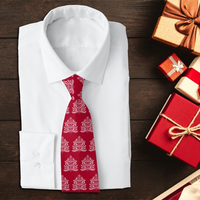 White on Red Scandinavian Nordic Christmas Tree Tie (Creator Uploaded)