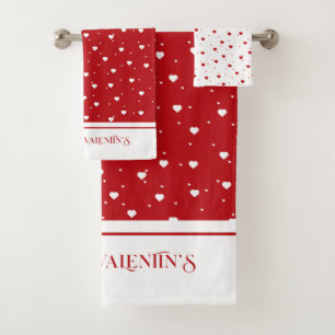 White on Red Valentine's hearts pattern Bath Towel Set