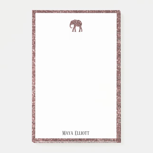 White on Rose Gold Faux Glitter Elephant & Border Post-it Notes (Front)