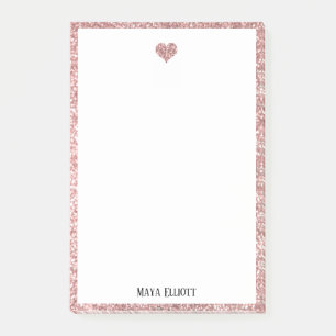 White on Rose Gold Faux Glitter Heart & Border Post-it Notes