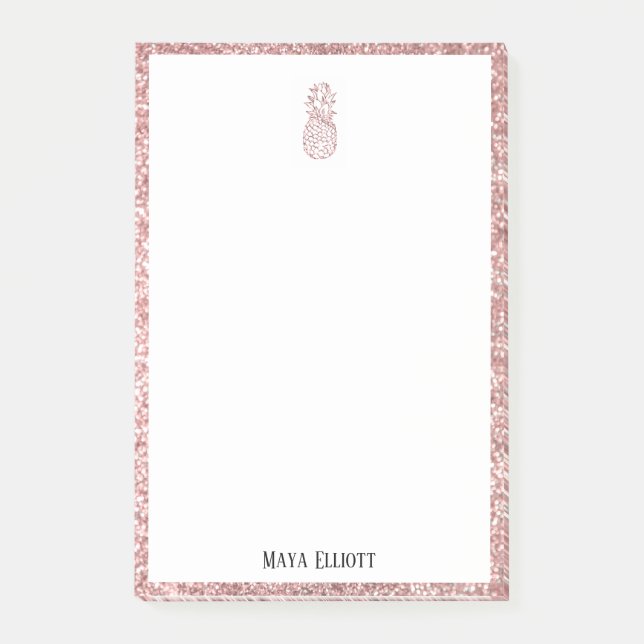 White on Rose Gold Faux Glitter Pineapple & Border Post-it Notes (Front)