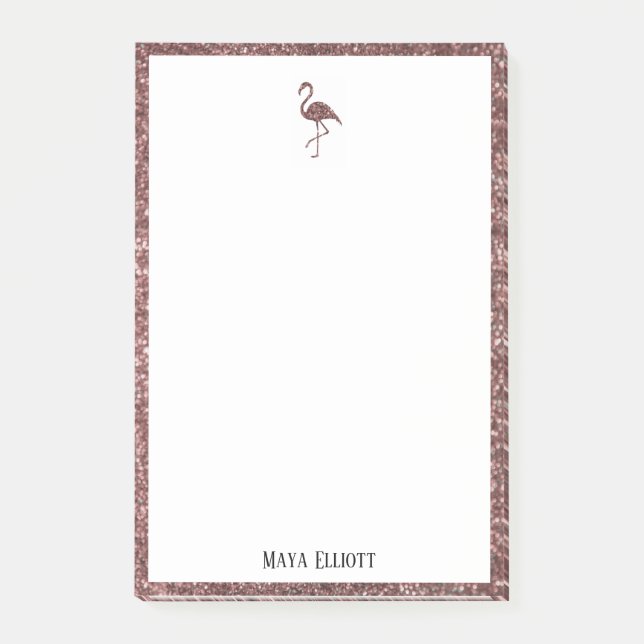 White on Rose Gold Glitter Flamingo & Border, Name Post-it Notes (Front)