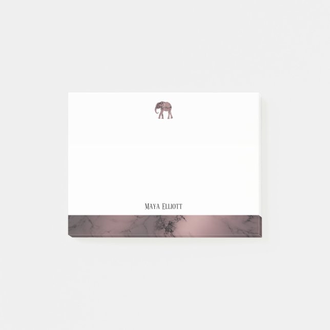 White on Rose Gold Marble, Elephant & Border, Name Post-it Notes (Front)